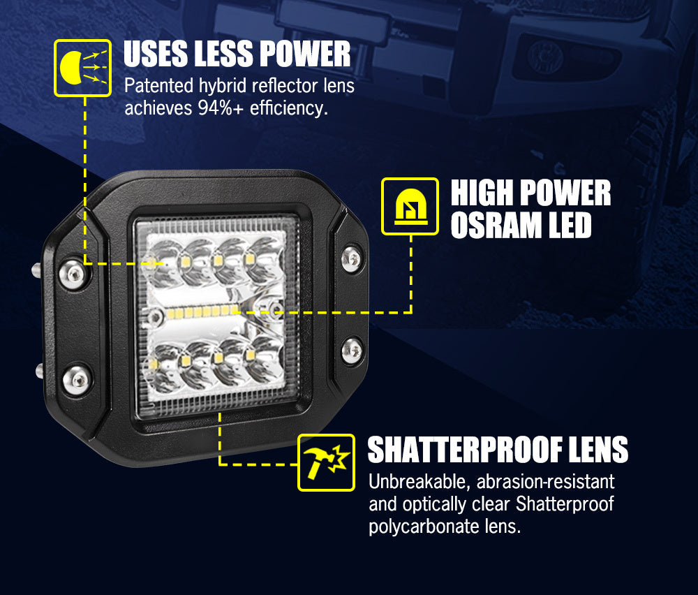 LIGHTFOX 2x 5inch LED Work Light Flush Mount Spot Flood Reverse Offroad 4x4