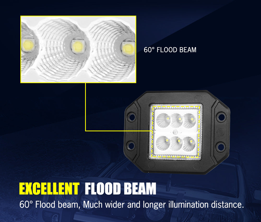 LIGHTFOX Pair 4inch Flush Mount LED Work Light Bar Flood Fog Reverse Offroad 4x4
