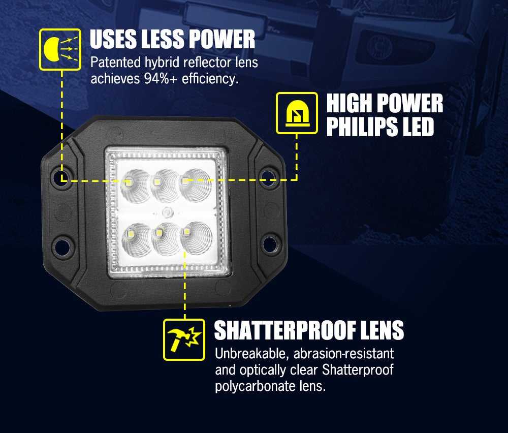 LIGHTFOX Pair 4inch Flush Mount LED Work Light Bar Flood Fog Reverse Offroad 4x4