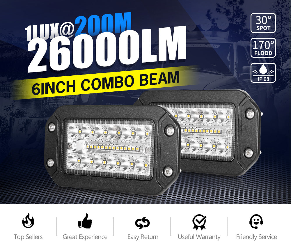 Pair 6inch Flush Mount LED Work Light Spot Flood Off-Road Driving Lights