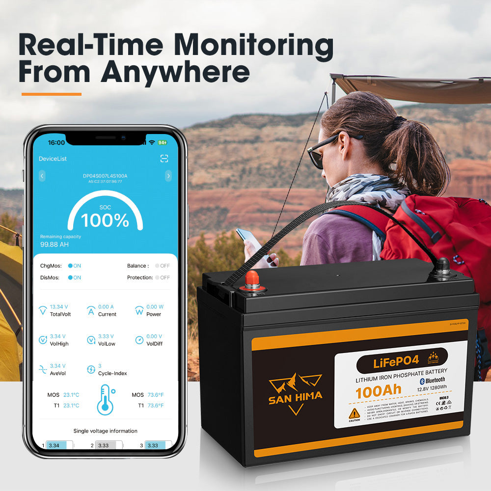 San Hima 12V 100Ah Lithium Iron Phosphate Battery w/ Bluetooth & Self-heating