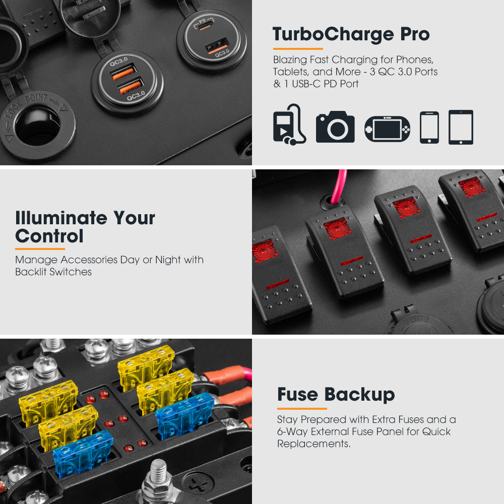 San Hima 12V Control Box 25A DCDC Charger with Fuse 4 USB port Car Boat 4WD