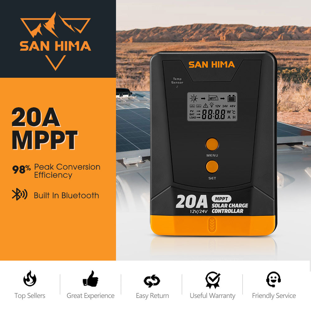 San Hima 20A MPPT Solar Charge Controller 12V 24V Inbulit Bluetooth LCD Display