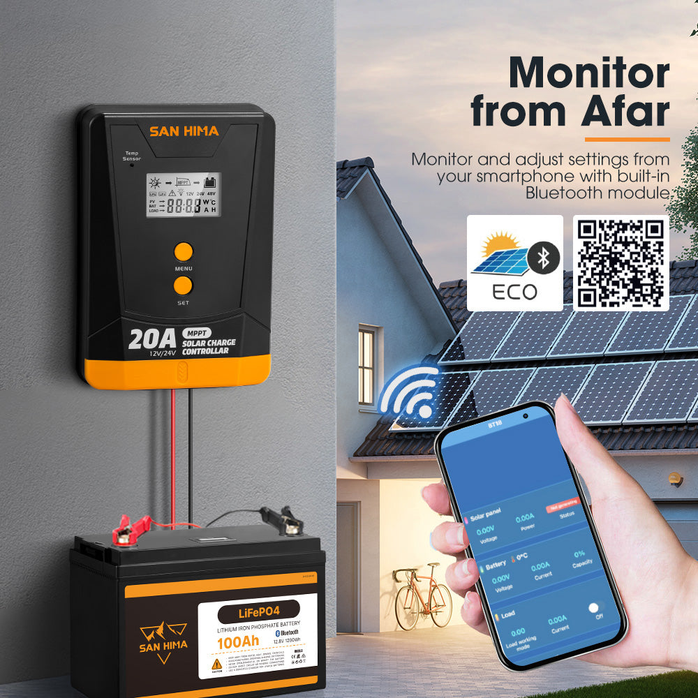 San Hima 20A MPPT Solar Charge Controller 12V 24V Inbulit Bluetooth LCD Display