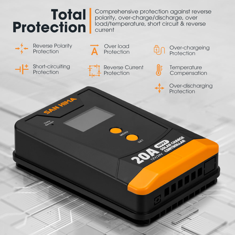 San Hima 20A MPPT Solar Charge Controller 12V 24V Inbulit Bluetooth LCD Display