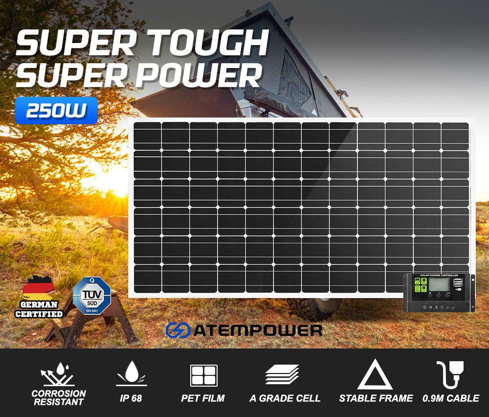 ATEM POWER 250W 12V Solar Panel Kit Mono Fixed Camping Caravan Boat Power Battery Charging