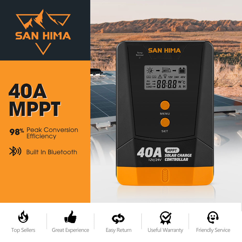 San Hima 40A MPPT Solar Charge Controller 12V 24V Inbulit Bluetooth LCD Display