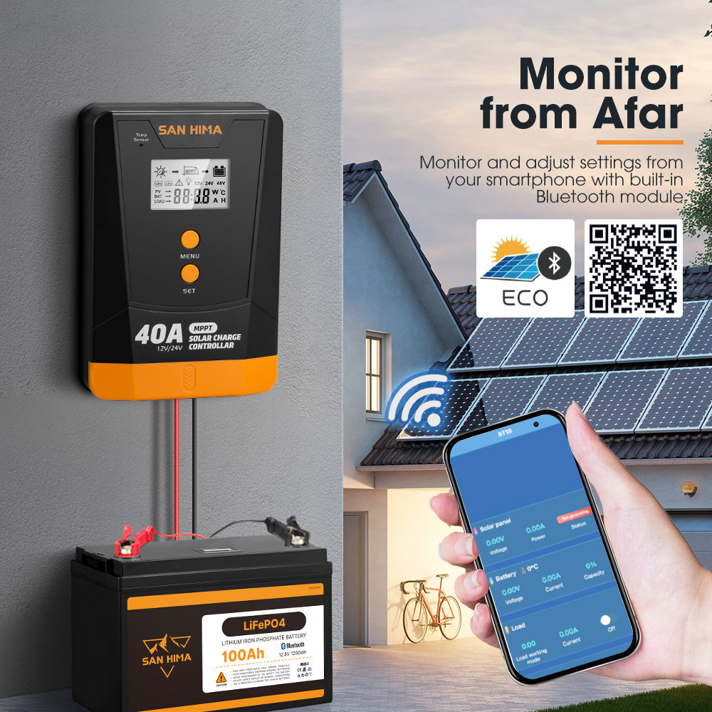 San Hima 40A MPPT Solar Charge Controller 12V 24V Inbulit Bluetooth LCD Display