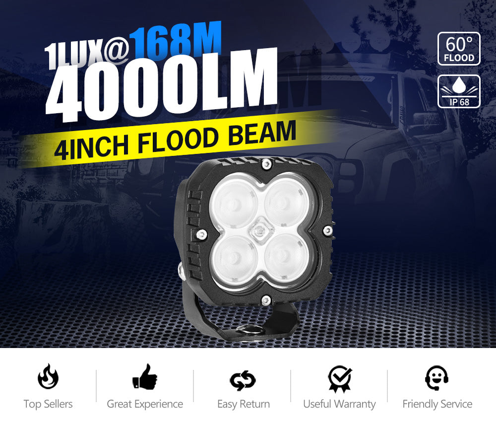 LIGHTFOX 4inch Heavy Duty LED Work Lamp Flood Beam Industrial Light