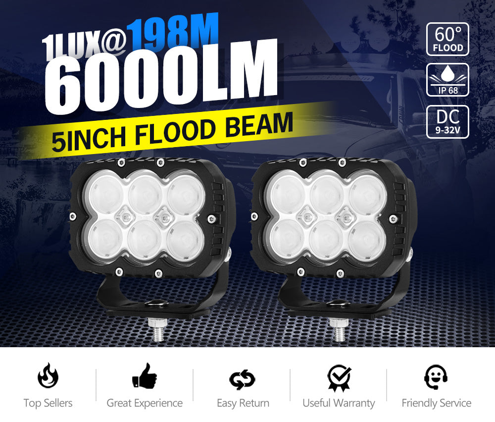 LIGHTFOX 2x 5inch LED Work Light Flood Beam Heavy Duty Fog Driving Lamp 4WD OffRoad