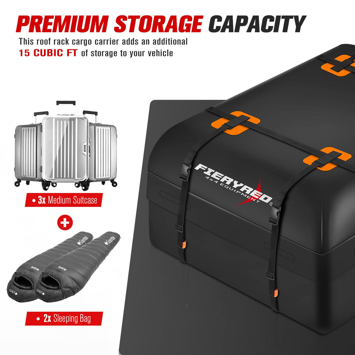 Fieryred Waterproof Car Roof Cargo Bag Luggage Storage 15 Cubic Feet Travel 4WD