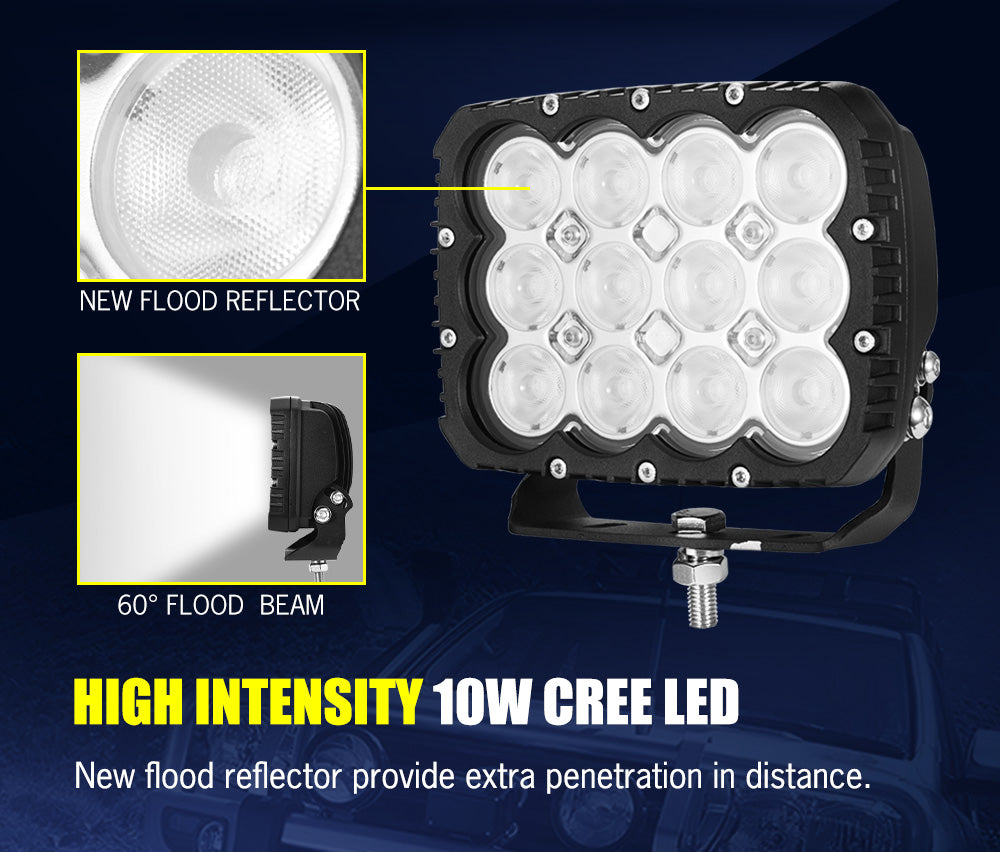LIGHTFOX 6inch 120w Heavy Duty Square LED Work Light Flood Beam 12v 24v Mining