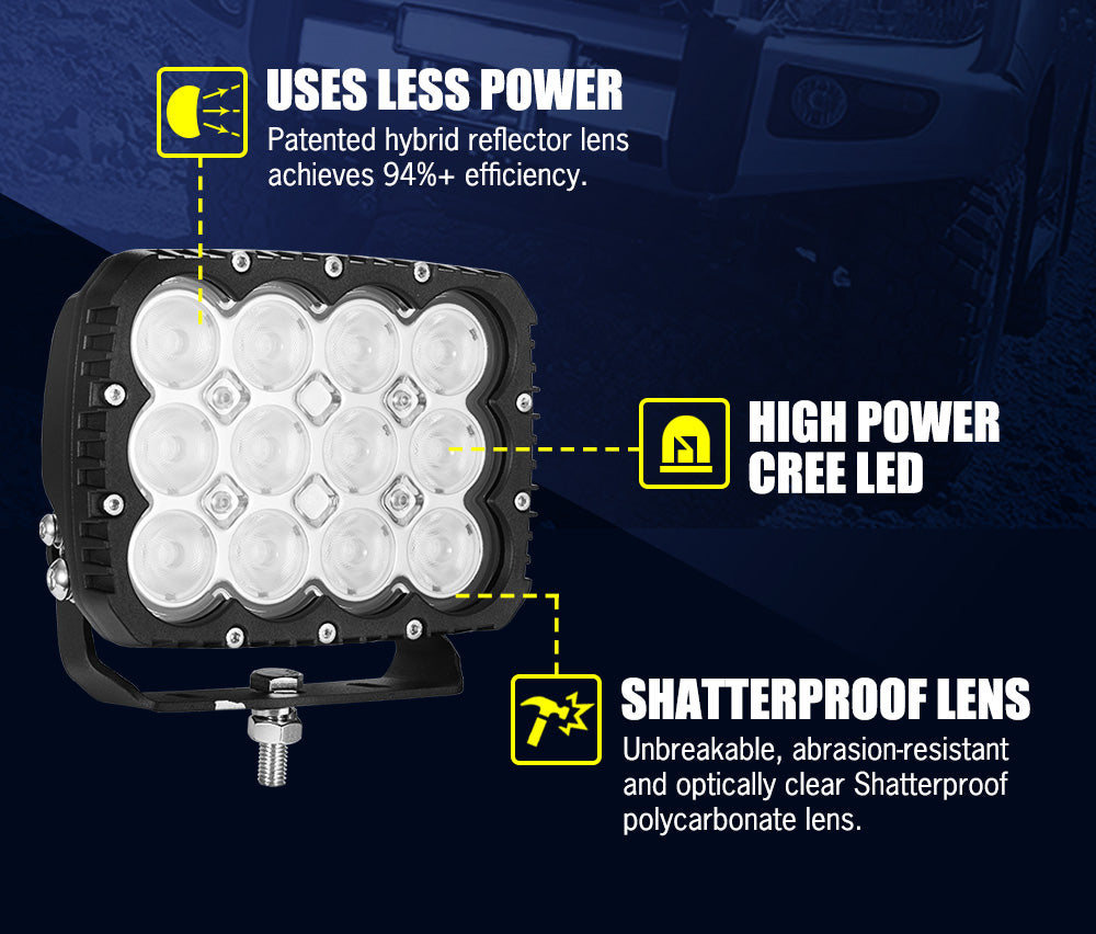 LIGHTFOX 6inch 120w Heavy Duty Square LED Work Light Flood Beam 12v 24v Mining