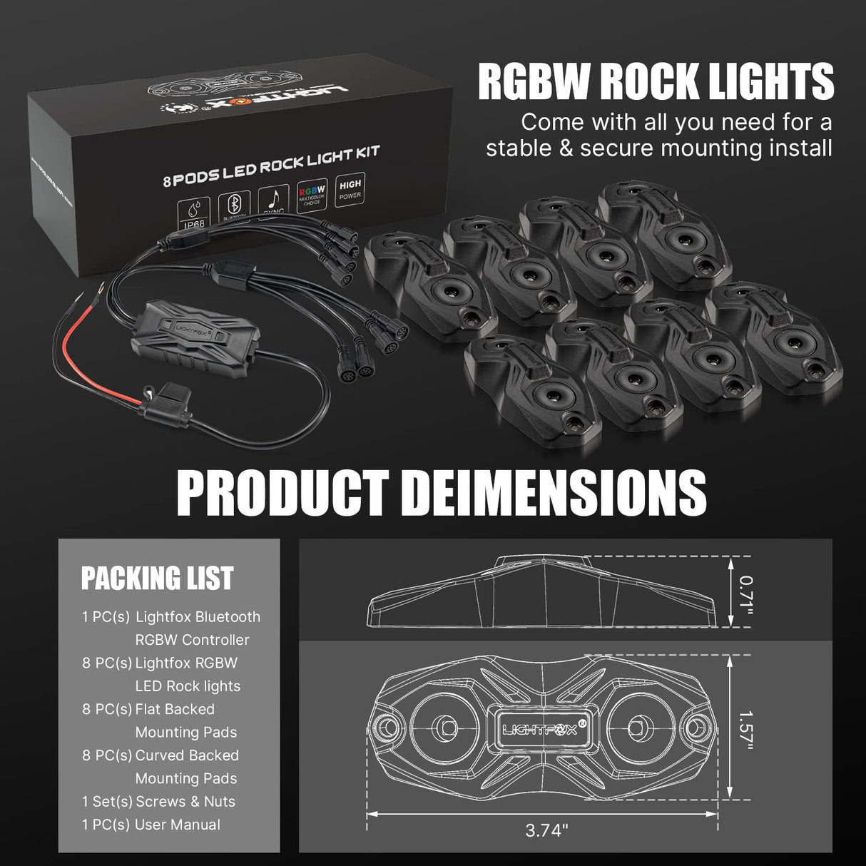 LIGHTFOX 8 Pods LED RGBW LED Rock Lights Wireless Bluetooth Multicolor Underglow