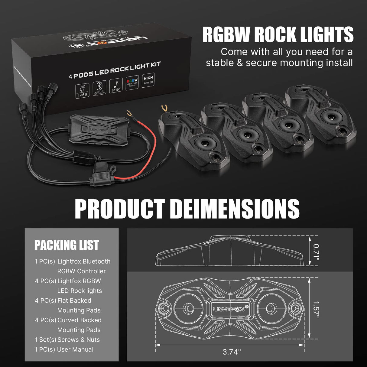 LIGHTFOX 4X RGBW LED Rock Lights White Wireless Bluetooth Music Multi Color