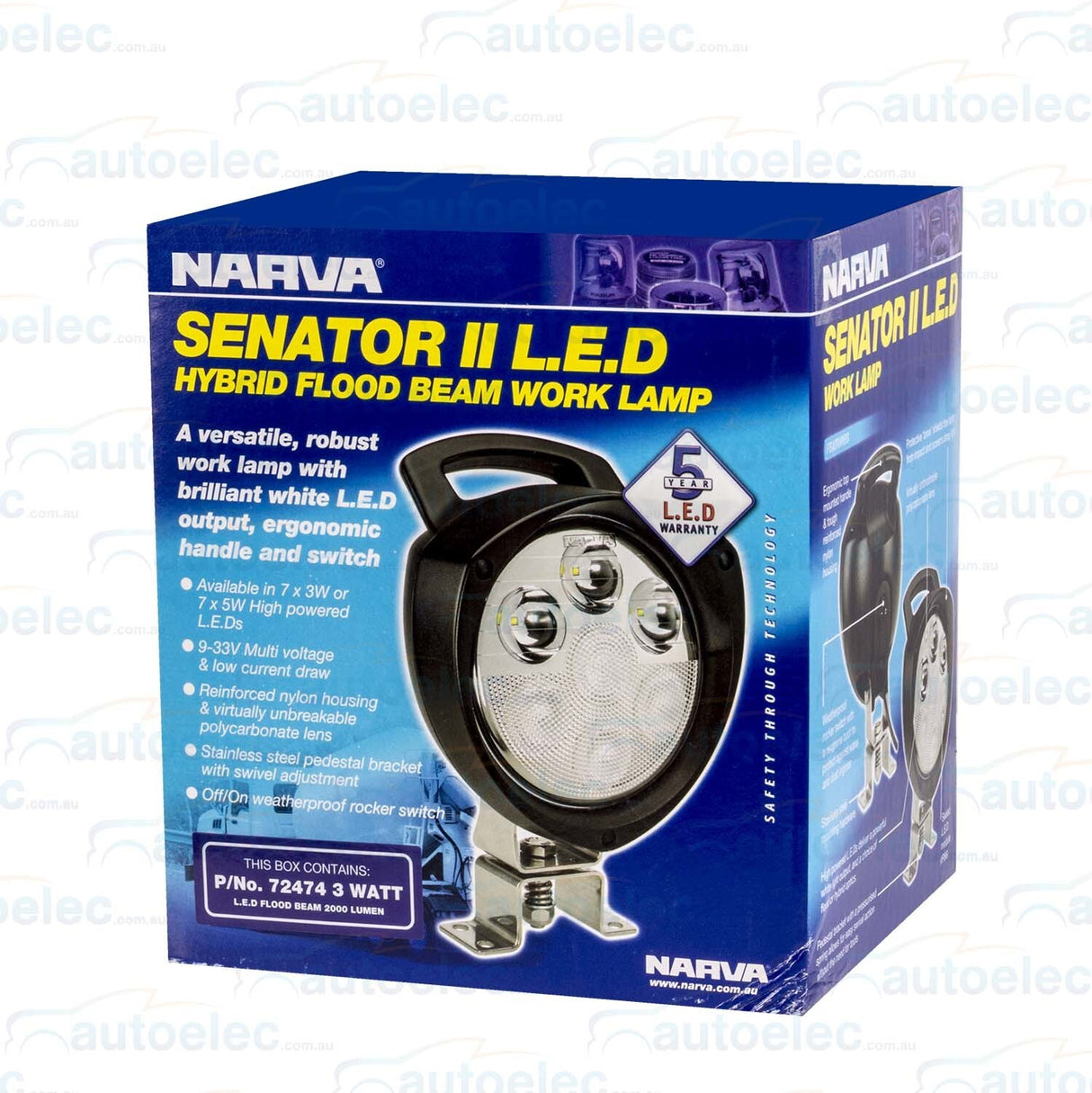 Narva Senator High Powered 3 Watt Led Flood Beam Work Light Lamp Handle 72474