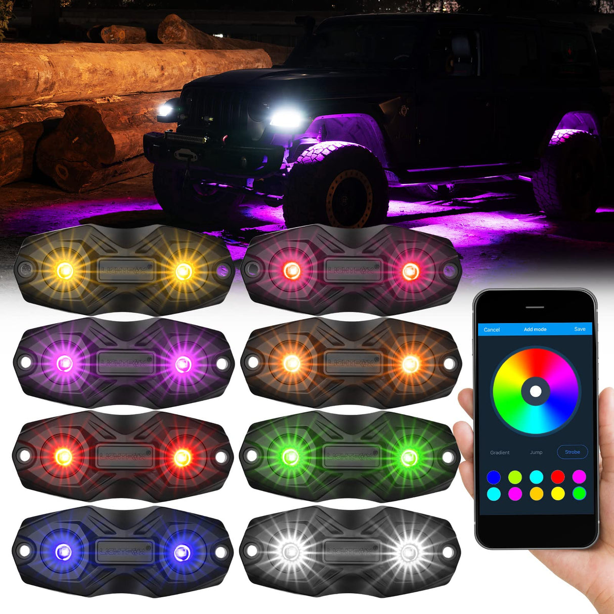 LIGHTFOX 8 Pods LED RGBW LED Rock Lights Wireless Bluetooth Multicolor Underglow