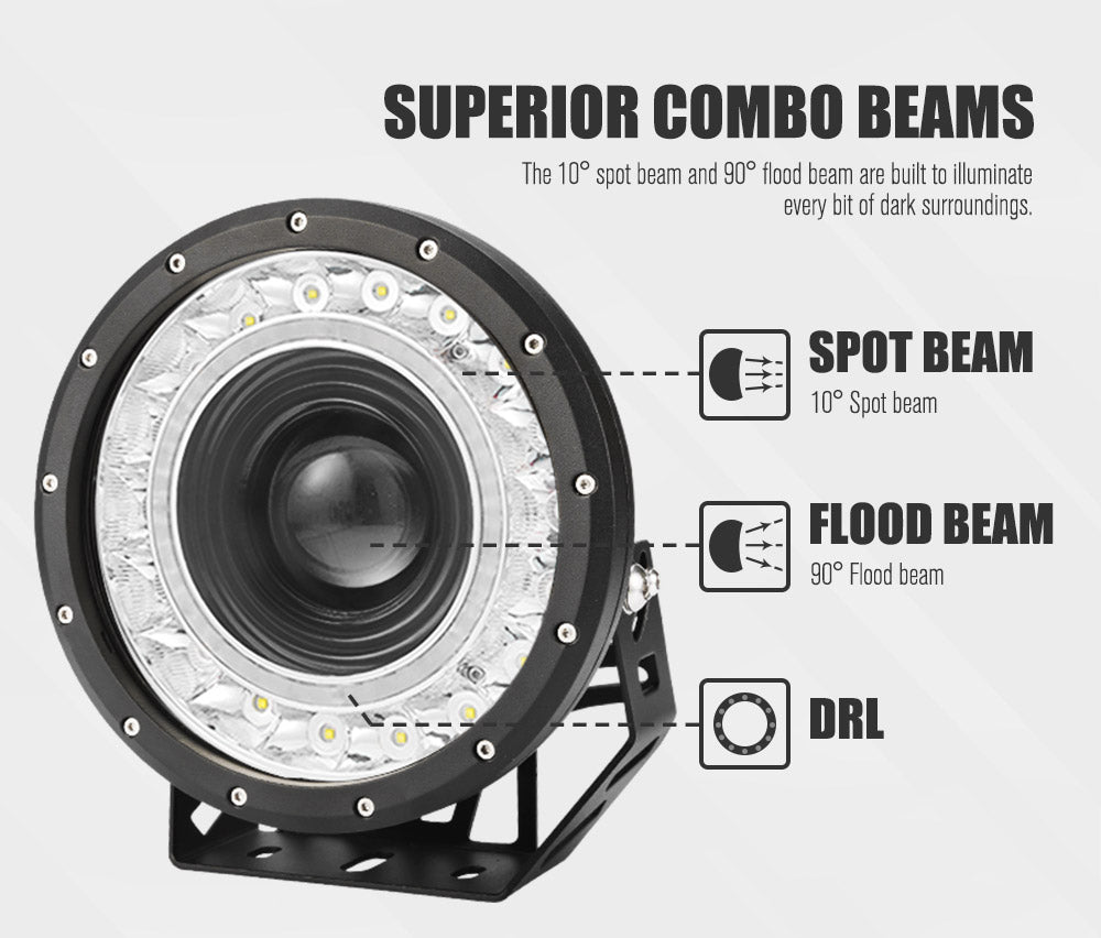LIGHTFOX 9inch LED Driving Lights Round SpotLights DRL 4x4 Offroad Work