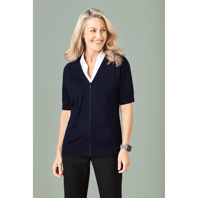 Biz Care Womens Zip Front Short Sleeve Knit