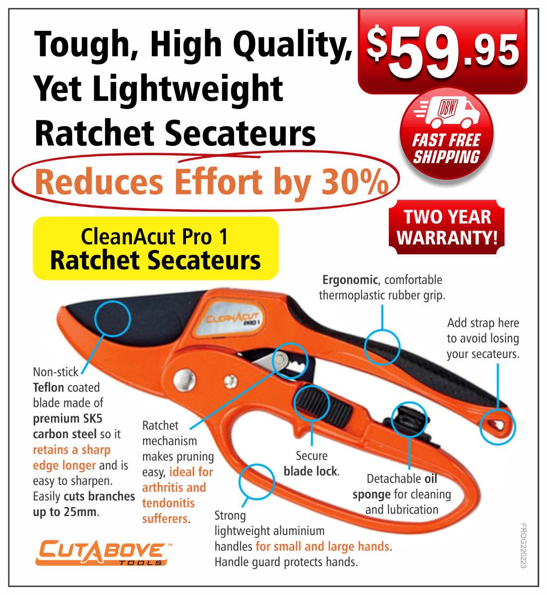 Australia's Favourite Ratchet Pruning Secateur,  Power Cut,  30% Less Effort,  #1 For Arthritis Sufferers