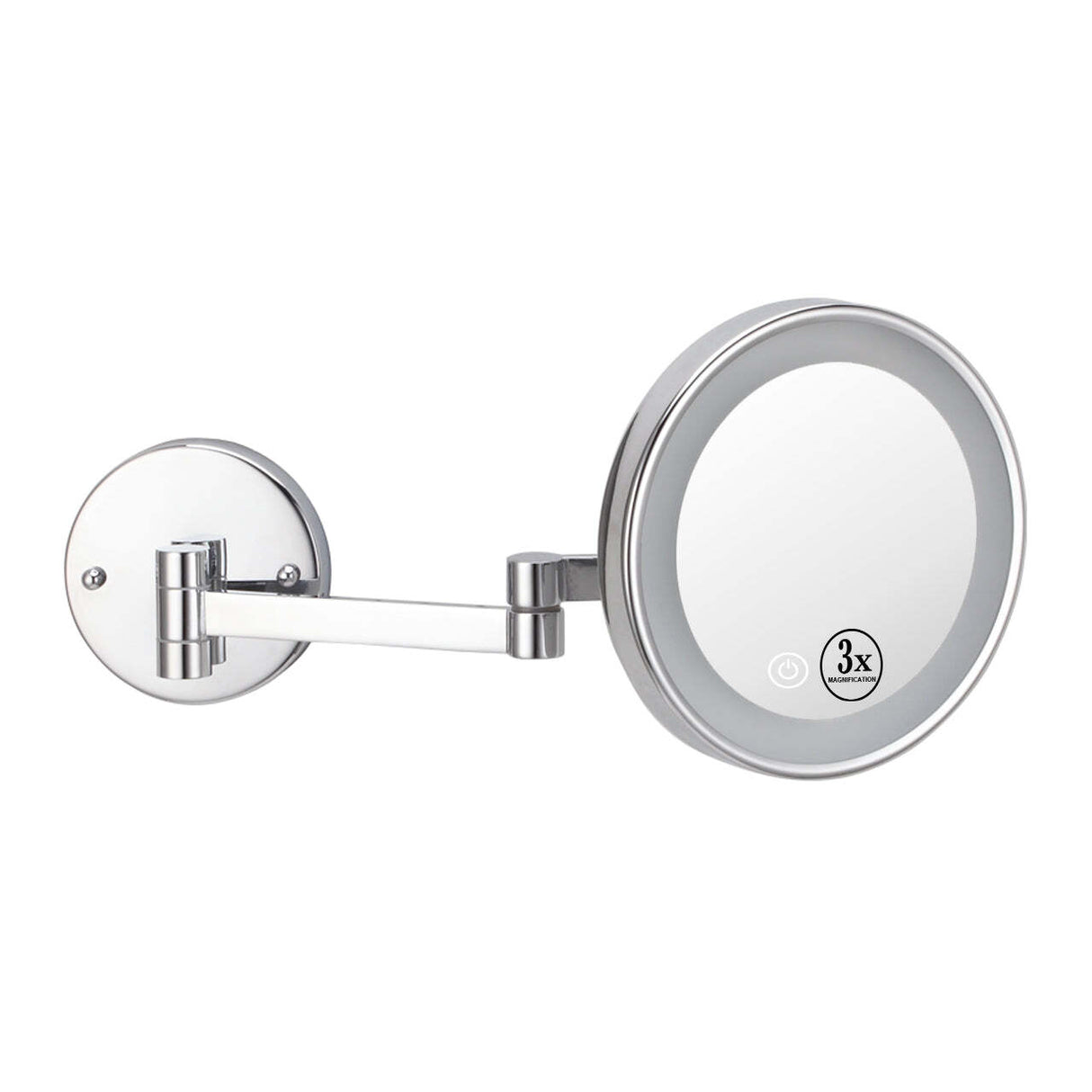 Dolphy single arm round led wall mounted 3x magnifying mirror 8 inch - silver