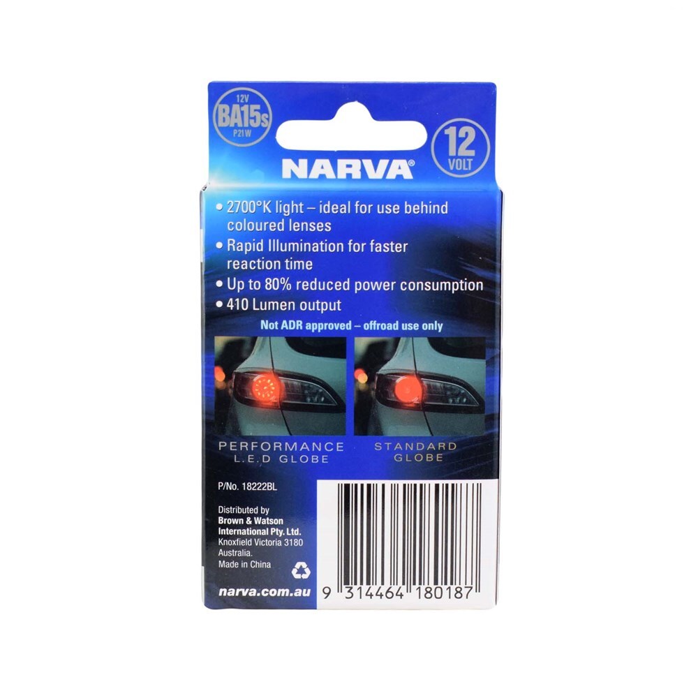 Narva 18222BL 12V BA15S P21W LED Globes 2700K, Twin Pack