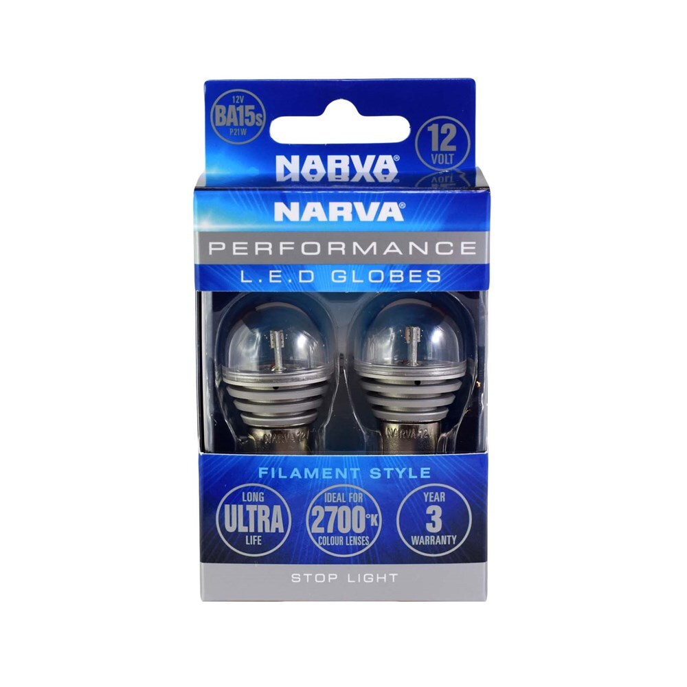 Narva 18222BL 12V BA15S P21W LED Globes 2700K, Twin Pack