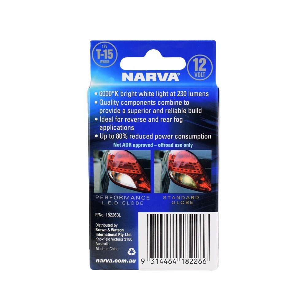 Narva 18226BL 12V T15 Wedge LED Globes 6000K, Twin Pack