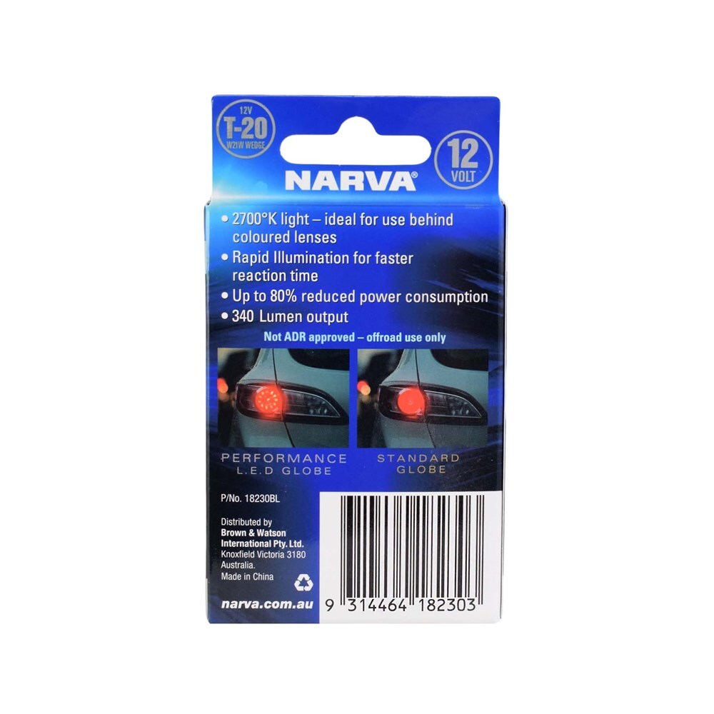 Narva 18230BL 12V T20 W21W Wedge LED Globes 2700K, Twin Pack