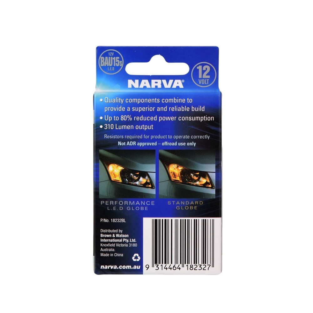 Narva 18232BL 12V BAU15S LED Ind Globes 1800K Amber, Twin Pack