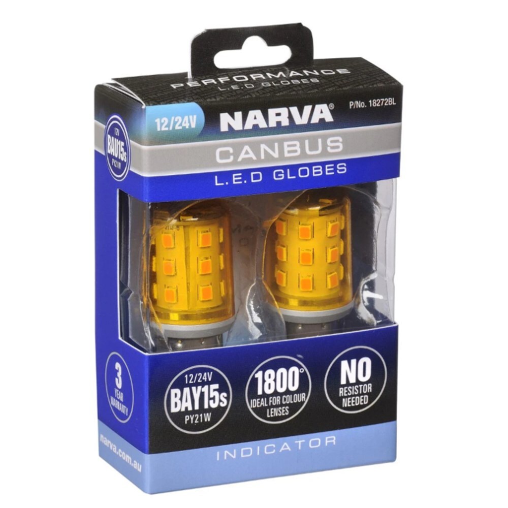 Narva 18272BL 12V PY21W BAU15S Bayonet CANBUS Compatible LED Turn Signal Indicator Globes Twin Pack