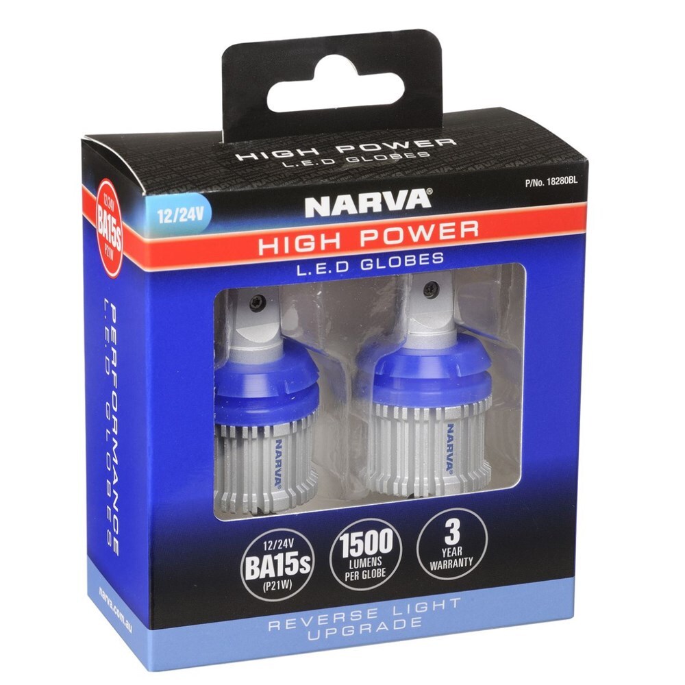 Narva 18280BL 12/24V P21W BA15S High Power LED Reverse Globes Twin Pack