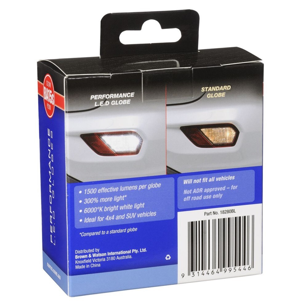 Narva 18280BL 12/24V P21W BA15S High Power LED Reverse Globes Twin Pack