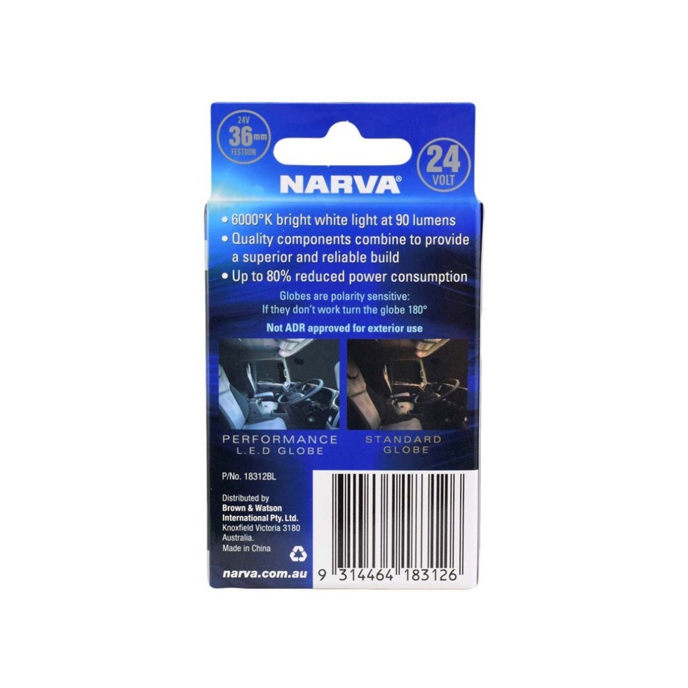 Narva 18312BL 24V 6000K LED Festoon Globe Single, 8.5x36mm