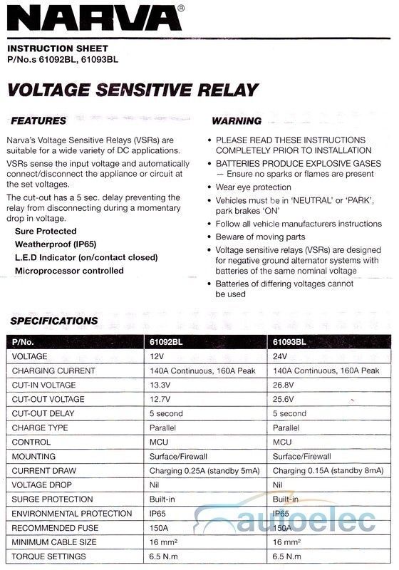 Narva 61092Bl Voltage Sensitive Relay 12V Vsr Isolator 140A Dual Battery System