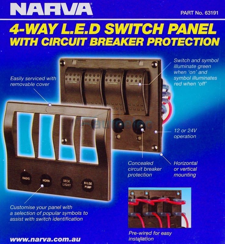 Narva 4x Switch Switches Panel C/B Caravan Marine Boat Rocker Led 12V 63191