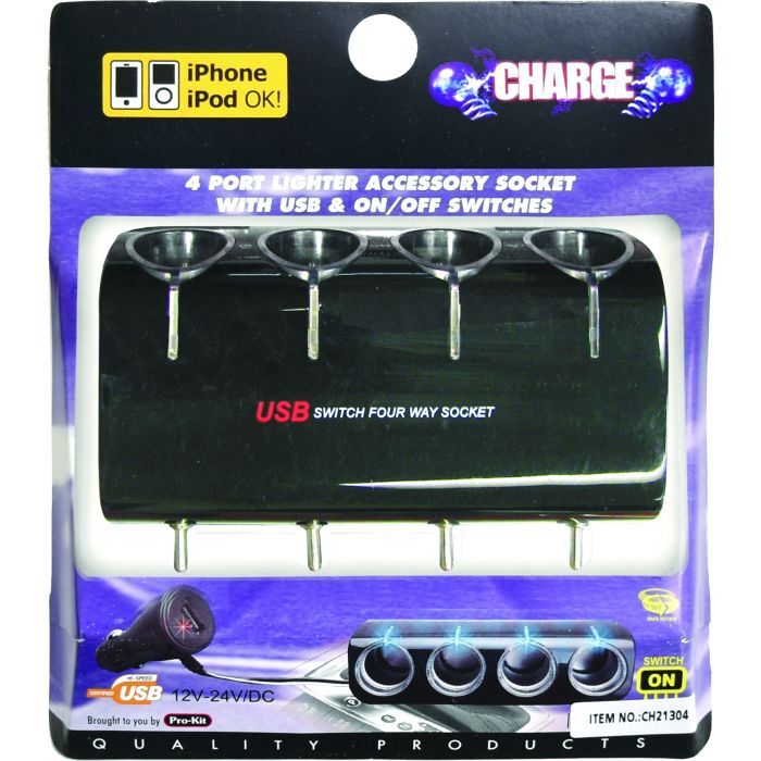 Charge Quadruple Cigarette Lighter Socket With One USB On/Off Switches