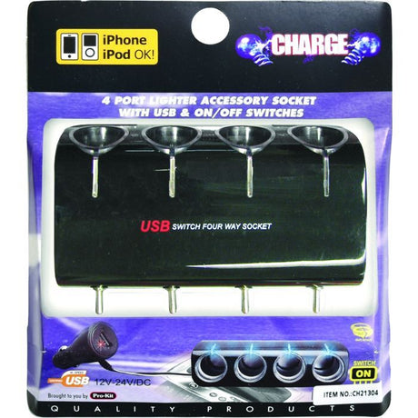 Charge Quadruple Cigarette Lighter Socket With One USB On/Off Switches