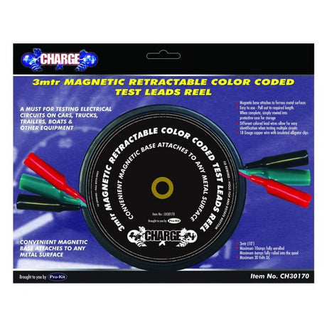 Charge 3Mtr Colour Coded Test Leads Retractable Reel With Magnetic Case