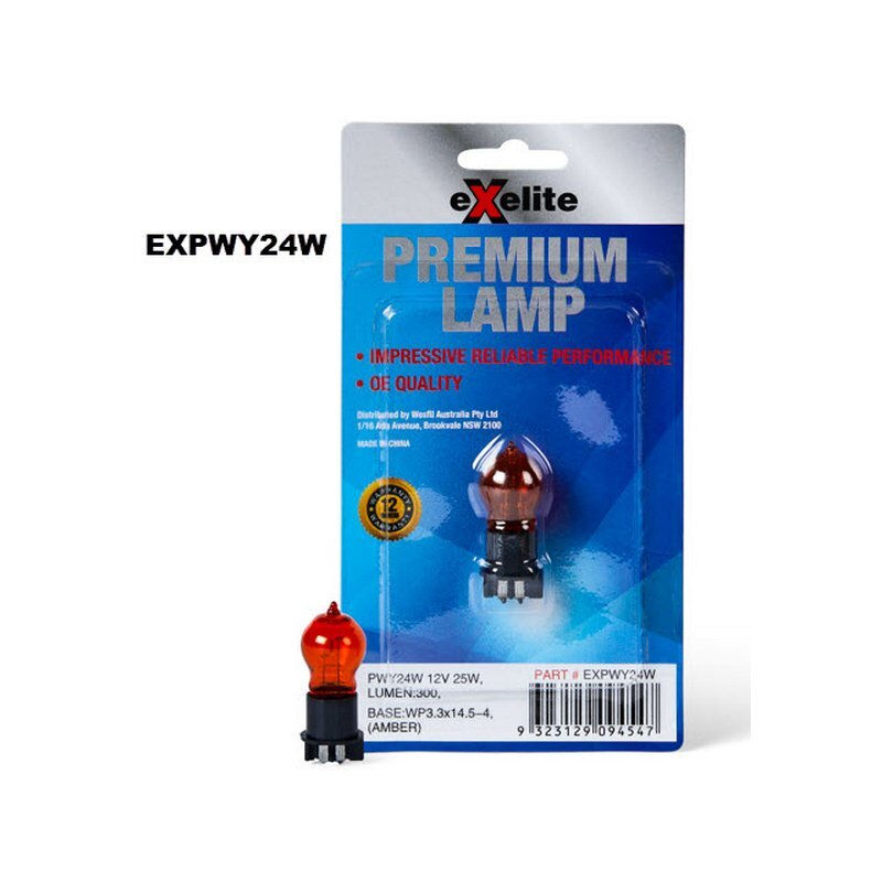 Exelite PWY24W 13.5V 24W Incandescent Globe WP3.3x14.5-4 Amber