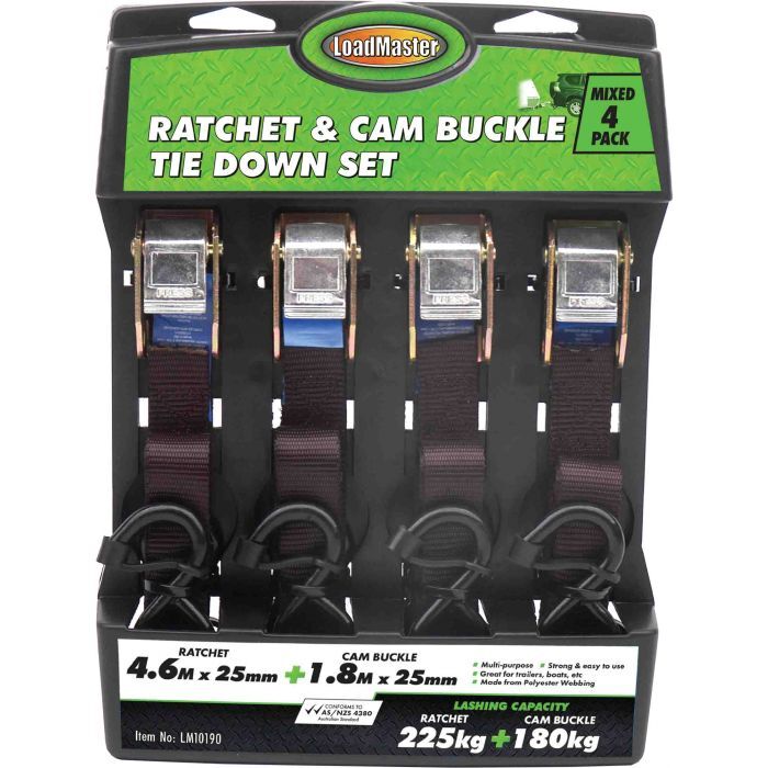 Loadmaster 4 Piece 25mm Ratchet Cam Buckle Mixed Tie Down Set