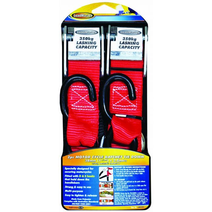 Loadmaster 2Pc 38mm 2.5Mtr Motorcycle Cam Buckle Set With S D Hooks