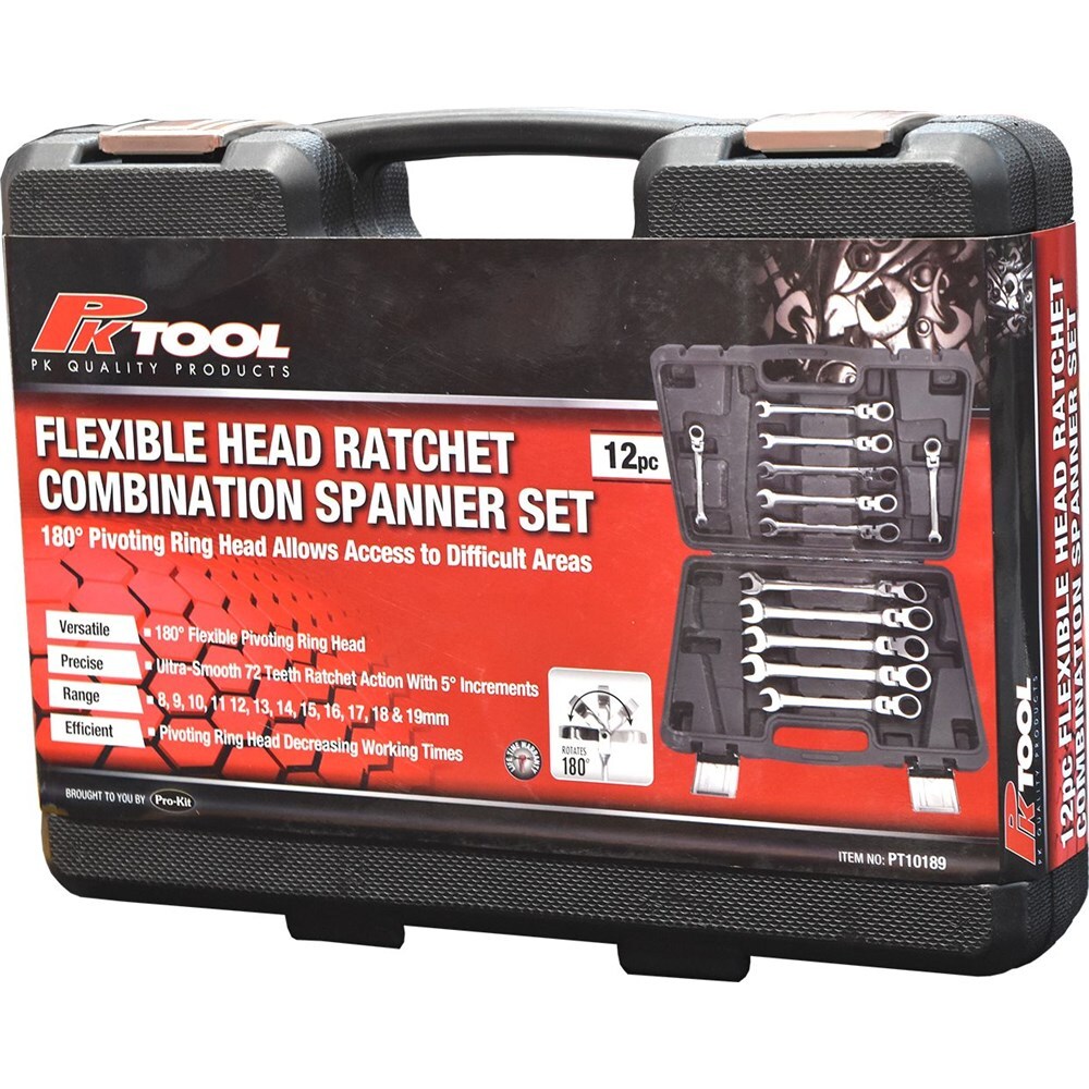 PK Tool 12-Piece Flexible Head Ratcheting Combination Spanner Set PT10189