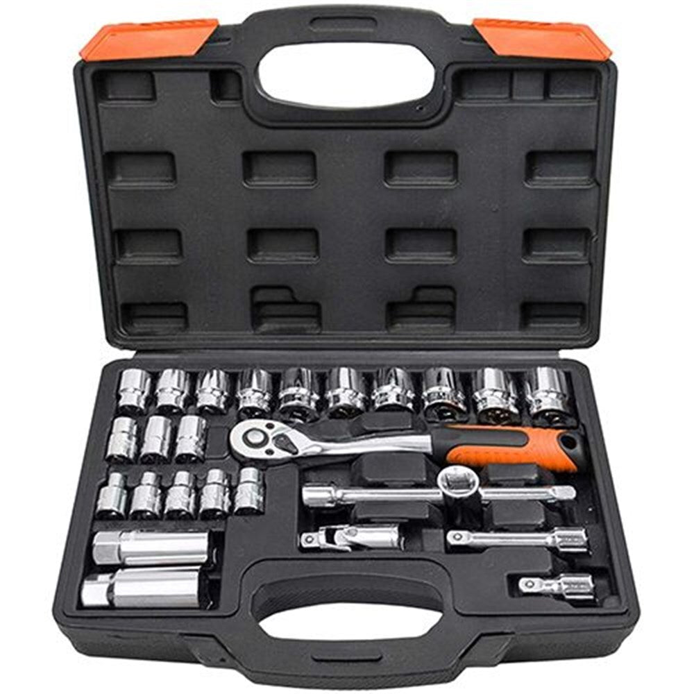 PK Tool 26-Piece 3/8" Drive Metric Socket Set with 72 Tooth Ratchet, 6 Point Sockets, Spark Plug Sockets, Extensions and Universal Joint PT10321