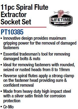PK Tool Extractor Socket Set 11pc 3/8" Dr Spiral Flute Design 8, 9, 10, 11, 12, 13, 14, 15, 16, 17, 19mm CR-MO