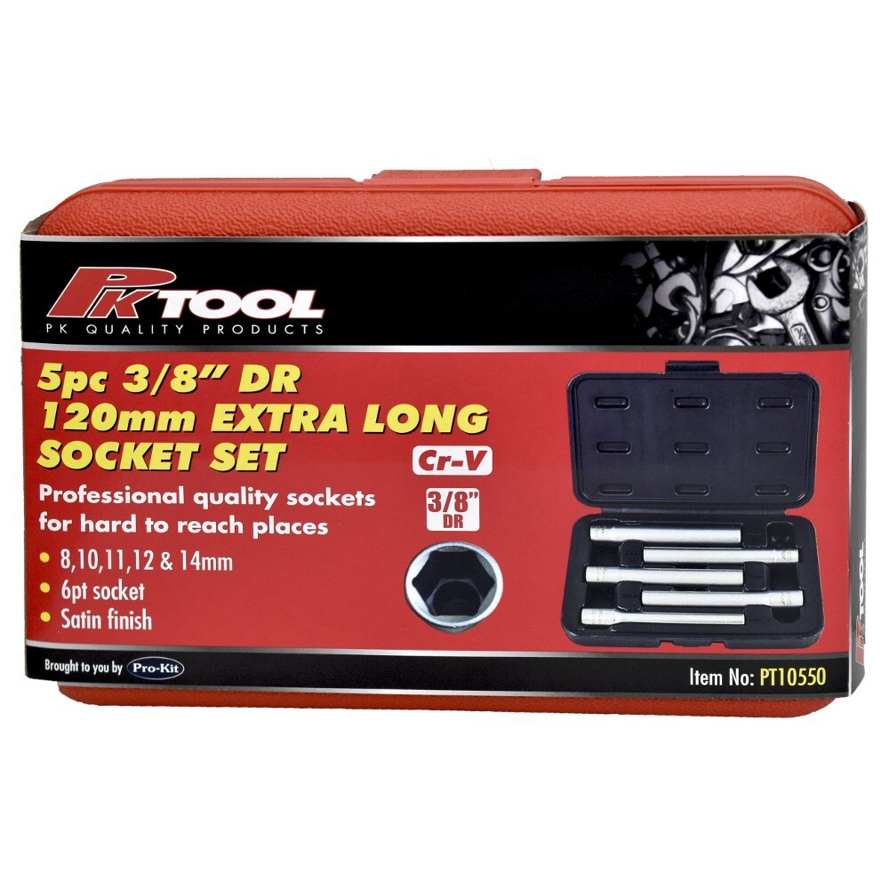 PK Tool Socket Set 3/8" 8, 10, 11, 12 & 14mm 6Pt Extra Long 120mm