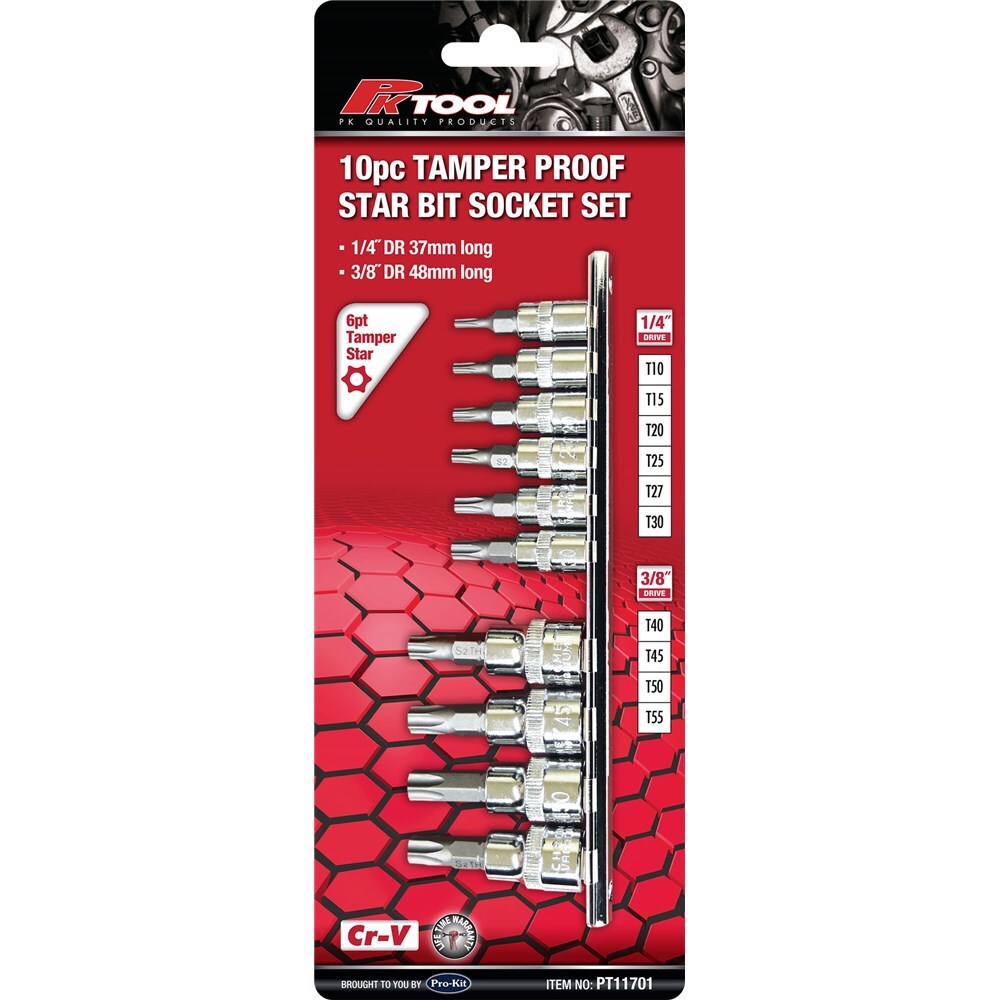 PK Tools Cr-V 6Pt Star Socket Set 10 Piece 1/4” & 3/8” Drive PT11701