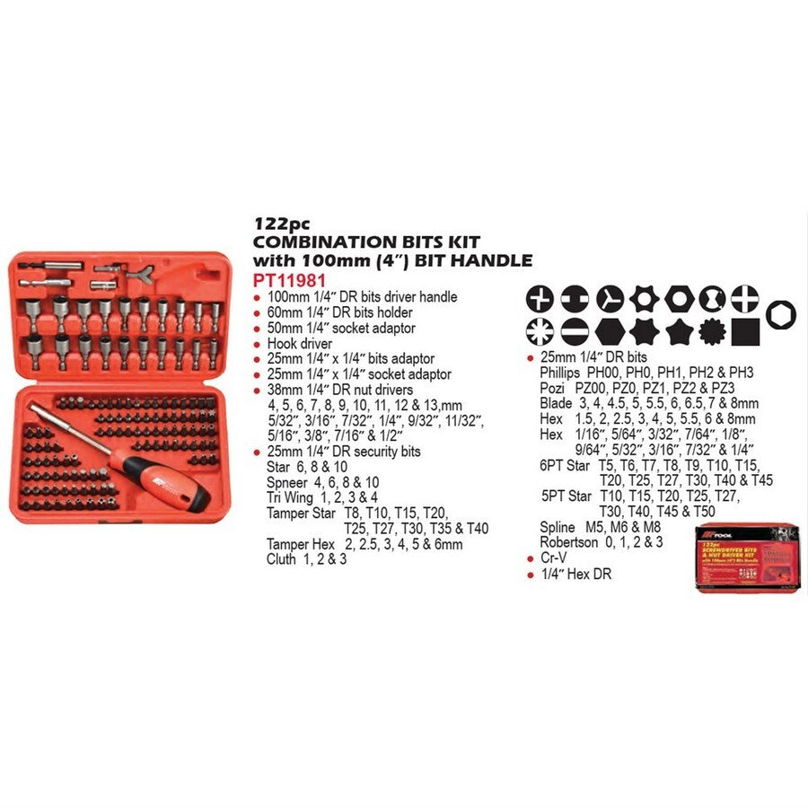 PK Tool 122 Piece Bit Driver Set Including Hex, Star, Tamperproof Star, Clutch, Tri-Wing, Spanner, Spline and Square Bits PT11981