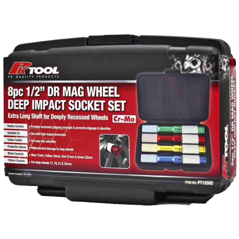 PK Tool Socket Set 8Pc 1/2" Drive Deep Impact Mag Wheel Rim Protect 85 & 150mm 17, 19, 21 & 22mm