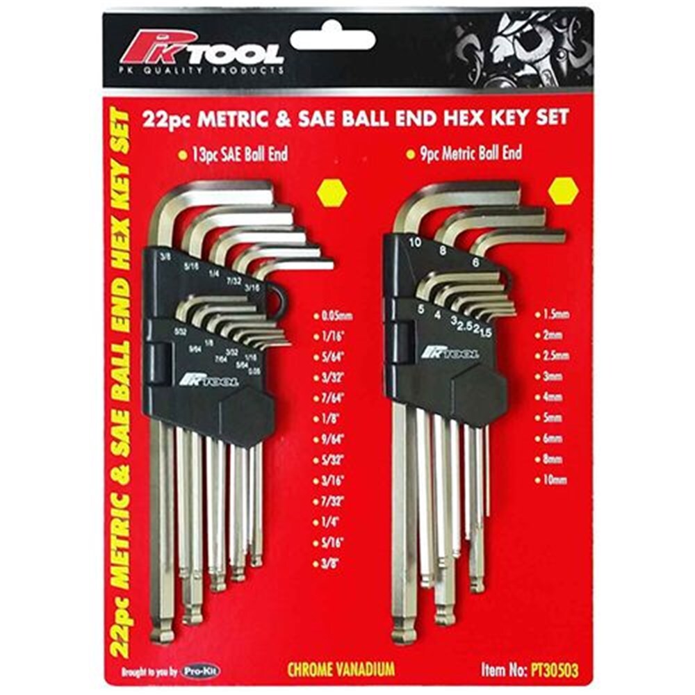 PK Tools Cr-V Metric & Sae Ball End Hex Set 22 Piece PT30503
